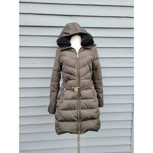Michael Kors Puffer‎ Coat Olive Green Hooded Faux Fur Belted Down Jacket Medium